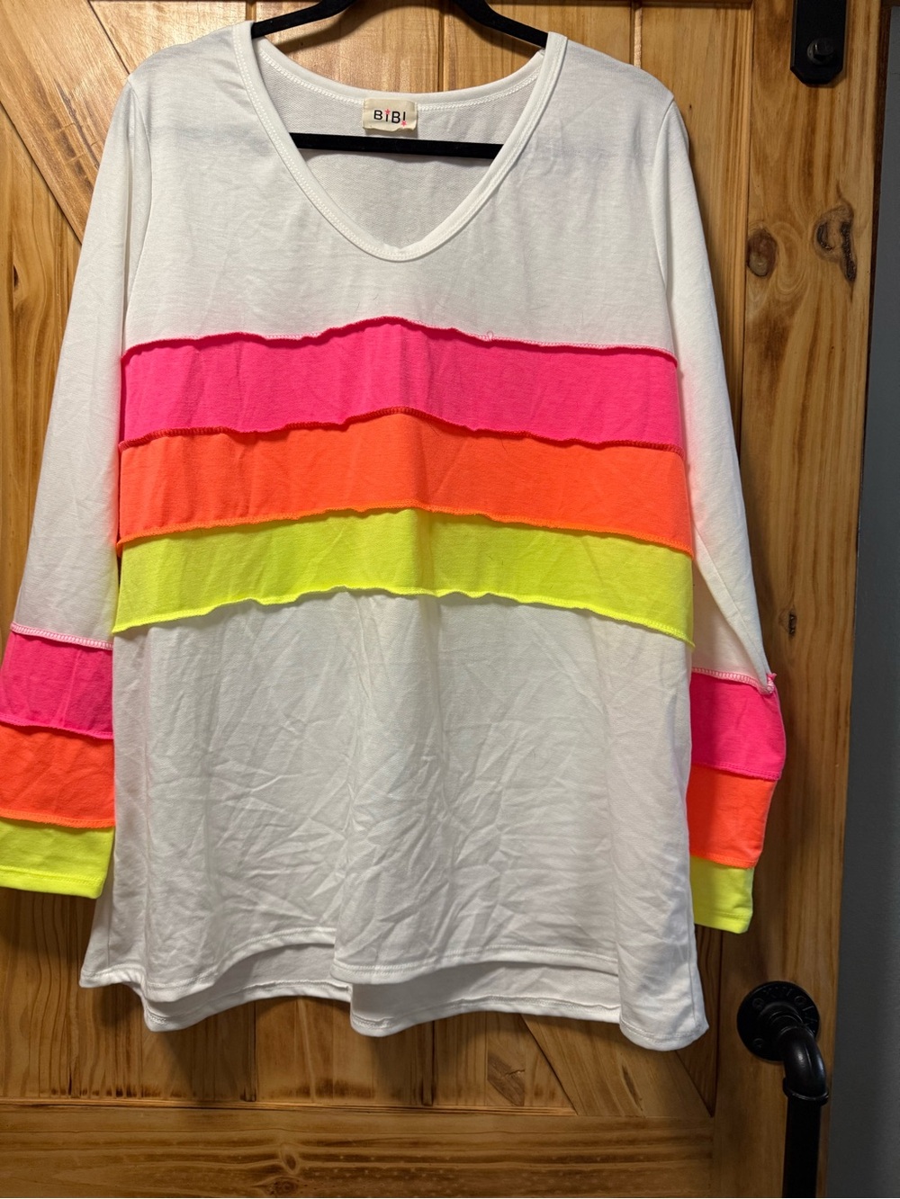 BiBi White V-Neck Sweatshirt with Neon Pink, Orange & Yellow Stripes